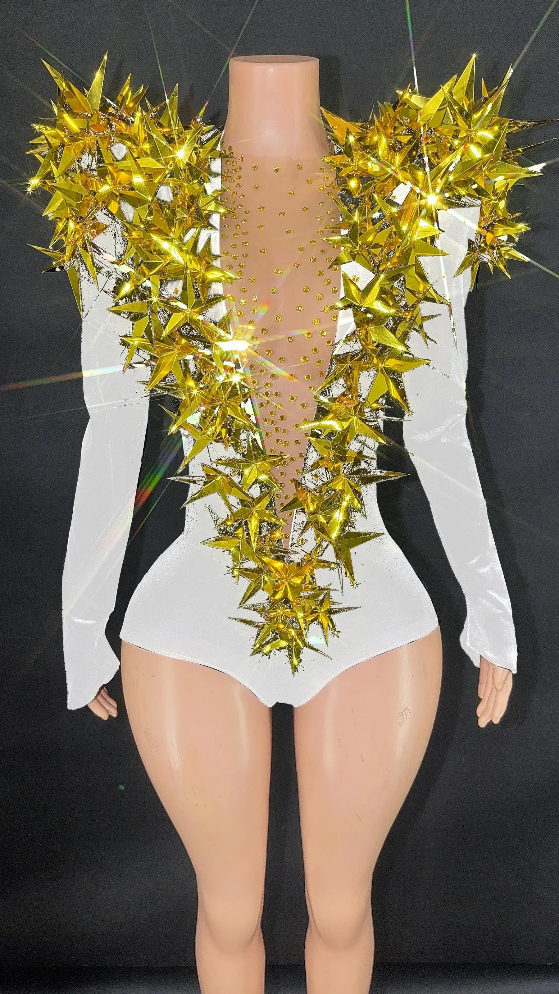 2025 New Shiny Black Rhinestone Velvet Long Sleeve Bodysuit Women Evening Party Club Gala Hosts NightClub Bar Stage Costumes WHITE