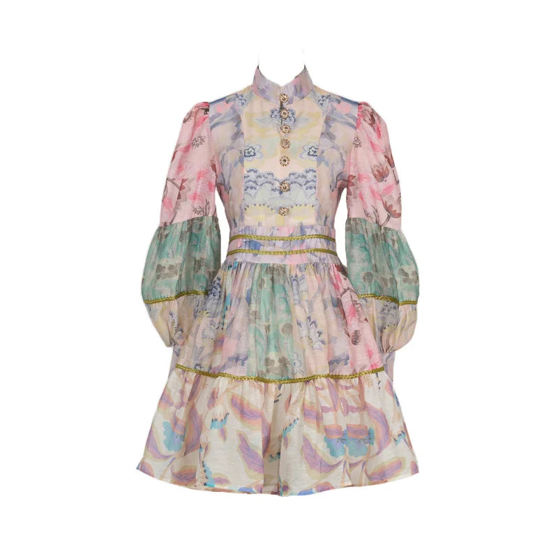 Fall Real Shot Spot Customized New Product Vintage Court Style Small Stand Collar Bubble Sleeve Waist-Tight Dress