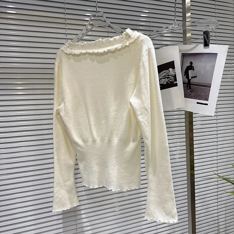 Winter New Sweet Fashion V-Neck Lace Rhinestone Elastic Knitted Sweater For Women Slim Fit Pullover Female 11A07928