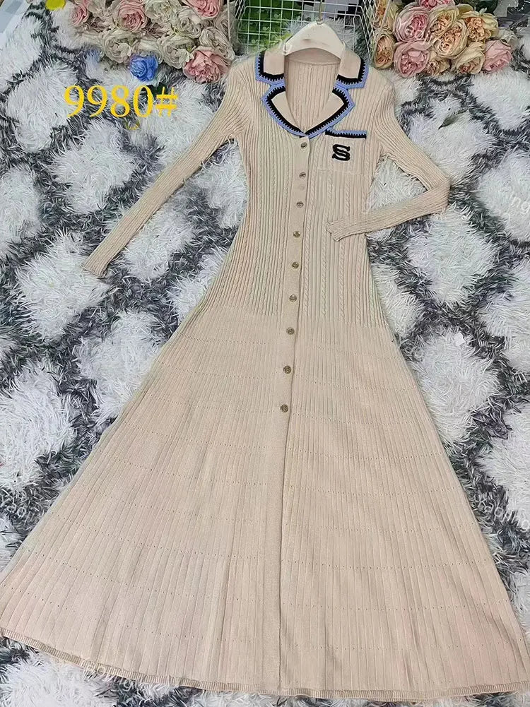 Elegant Women's Slim Fit Knitted Dress Fashionable Polo Neck Short Sleeve Single breasted Design Split Knitted Mid length Dress Khaki