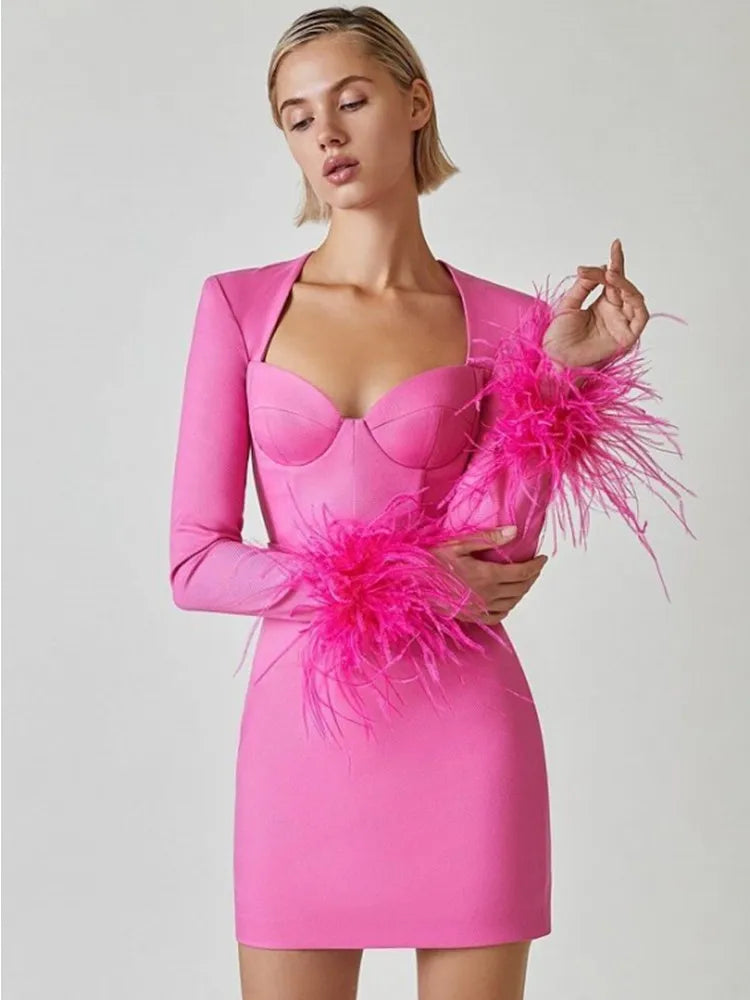 New Winter Women Long Sleeve Square Collar Bodycon Mini Dress Feathers Rayon Bandage Fashion Elegant Evening Party Dress