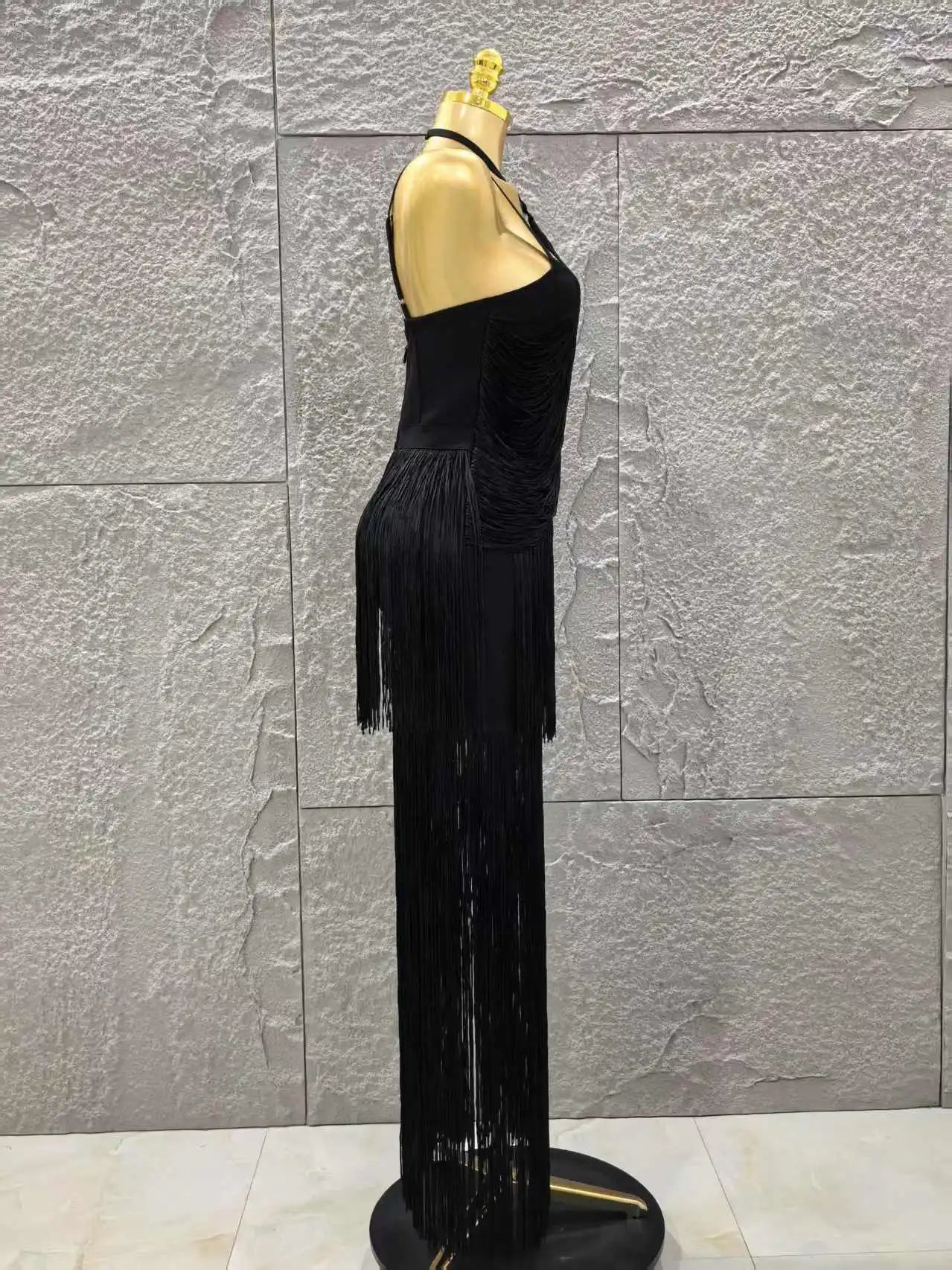 Black Color Women Sleeveless Sexy V-Neck Tassels Bodycon Long Bandage Dress Celebrate Evening Party Cocktail Outfit Vestido