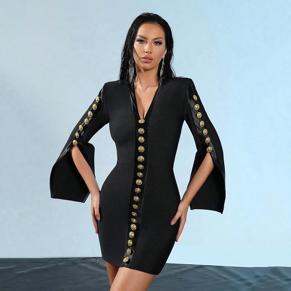 2025 New Women V Neck Bandage Dress Black Sexy Long Sleeve Button Bodycon Club Celebrity Elegant Evening Mini Party Dresses black