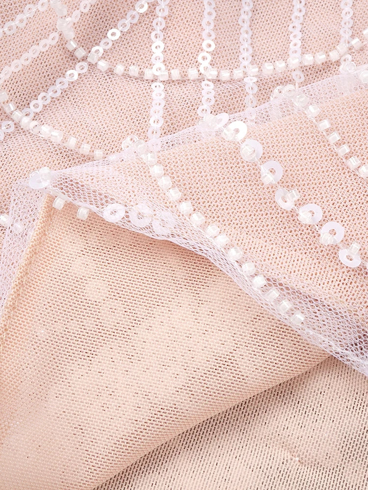 Beige Spilced Folds Short Dress Off The Shoulder Pearl Sequins Beading Chains Mini Cocktail Evening Party Vestido