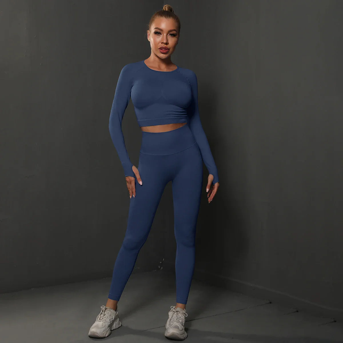 2Pcs Women Sets Energy Seamless Gym Suits Bubble Butt Sports Pants+Long Sleeve Shirts Push Up Running Sets Tracksuits Tights Set Dark Blue