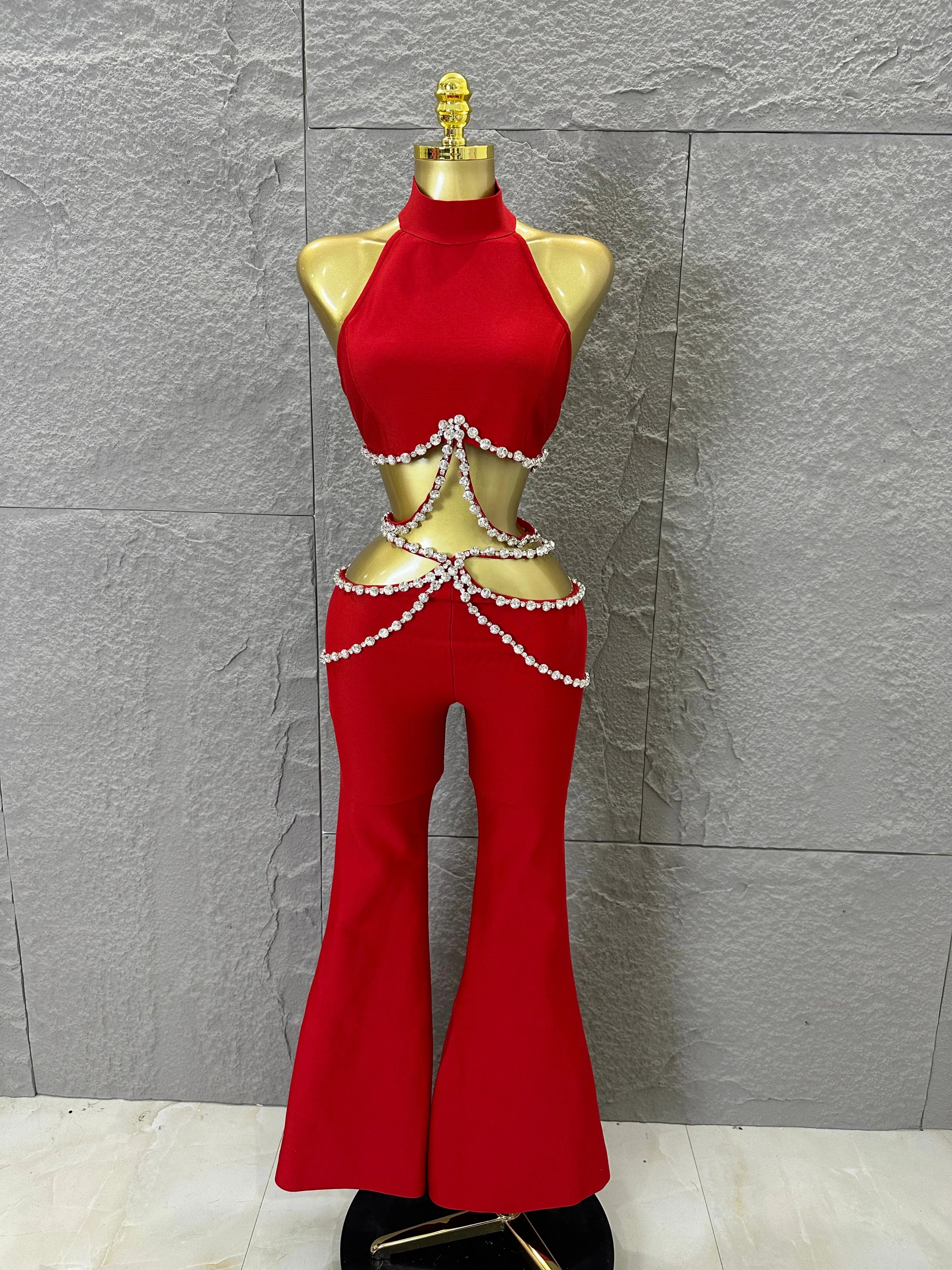 Luxurious Red Two Piece Set Women Sexy Halter Neck Crystal Cutout Crop Top Flare Pants Outfit Stage Performance Costume
