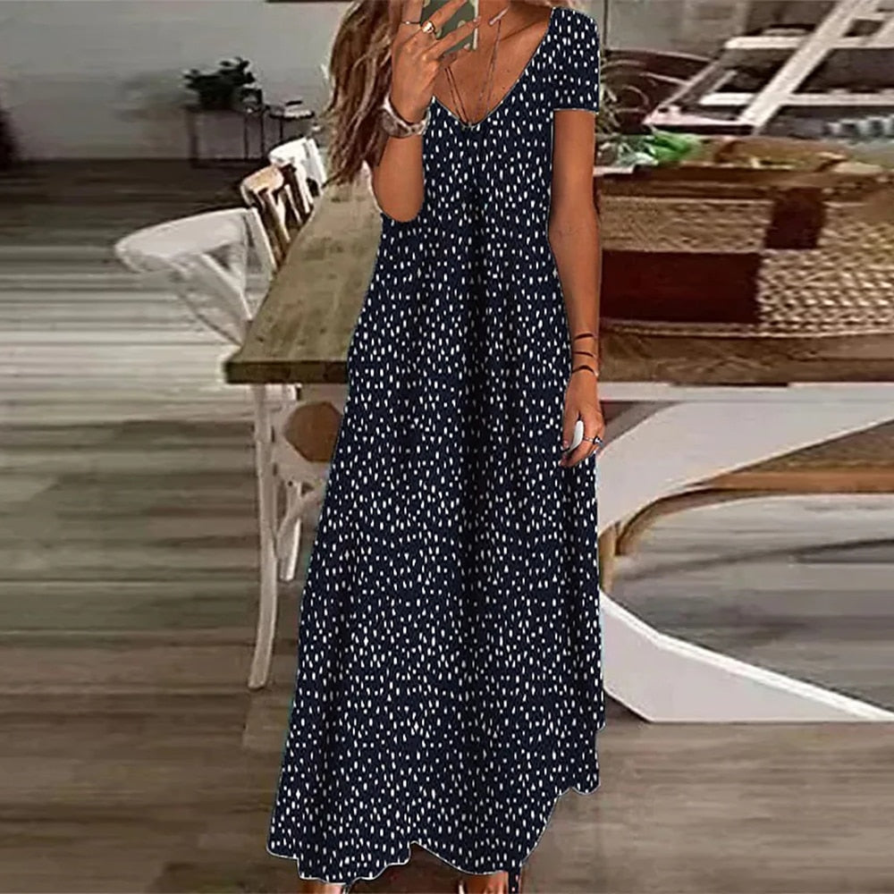 Summer Boho Floral Polka Dot V Neck Long Maxi Dress Elegant Ladies Holiday Beach Loose Retro Sundress
