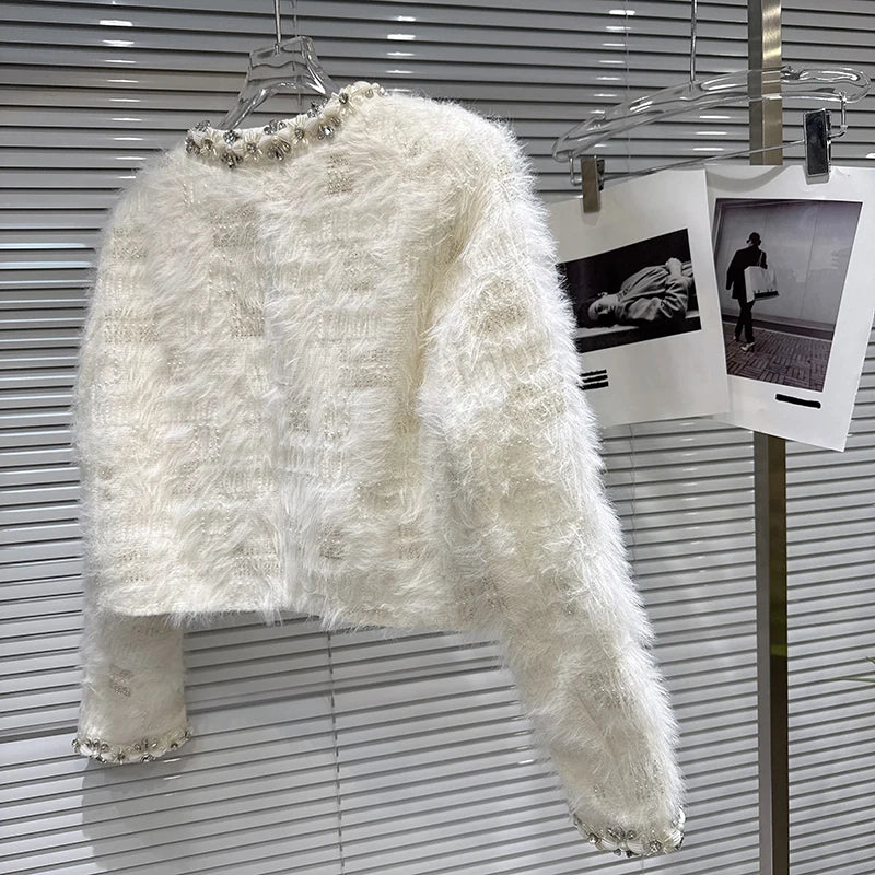 Winter New Fashion Rhinestone Pearl Edge Heavy Industry Cotton Lined Short Coat For Women Elegant Jacket 11A07832