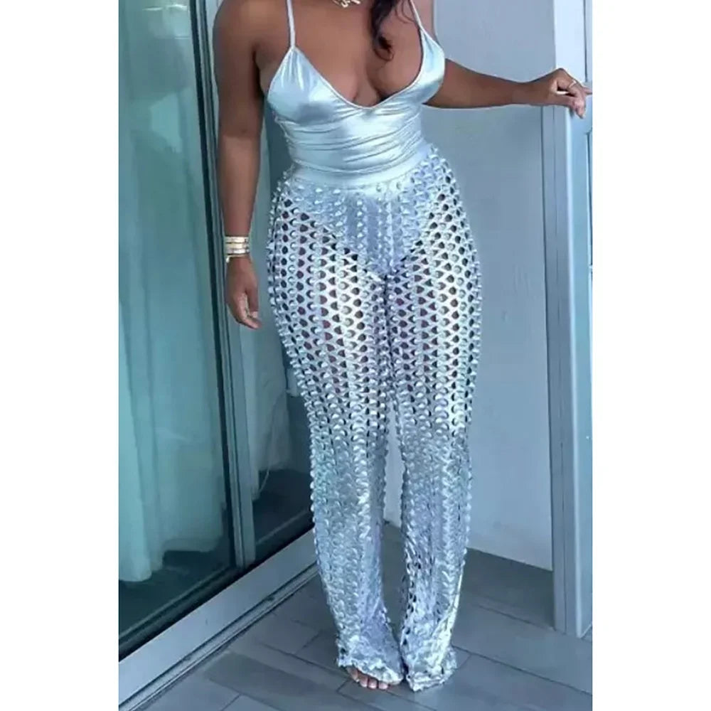 Plus Size Silver Solid Festival Metallic Hollow Sleeveless Two Pieces Pant Sets 2025 New Fashion