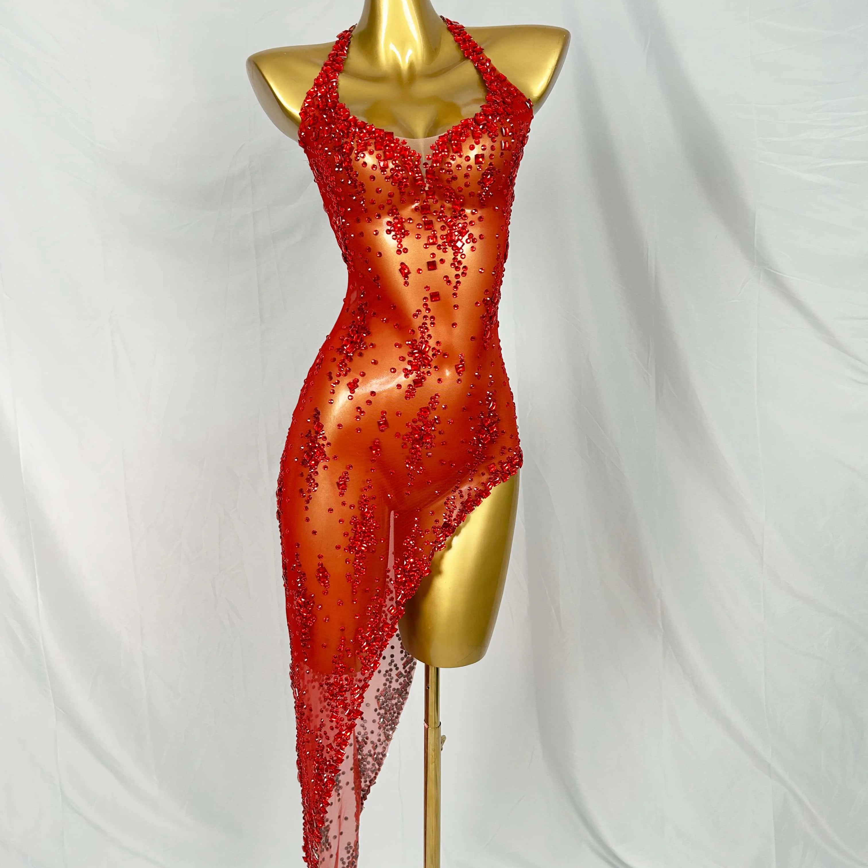 Nightclub Mini Dress Singer Stage Performance Wear Bar Party Asymmetrical Dress Sparkly Rhinestones Sleeveless Mesh Dress Xinghe Red One Size