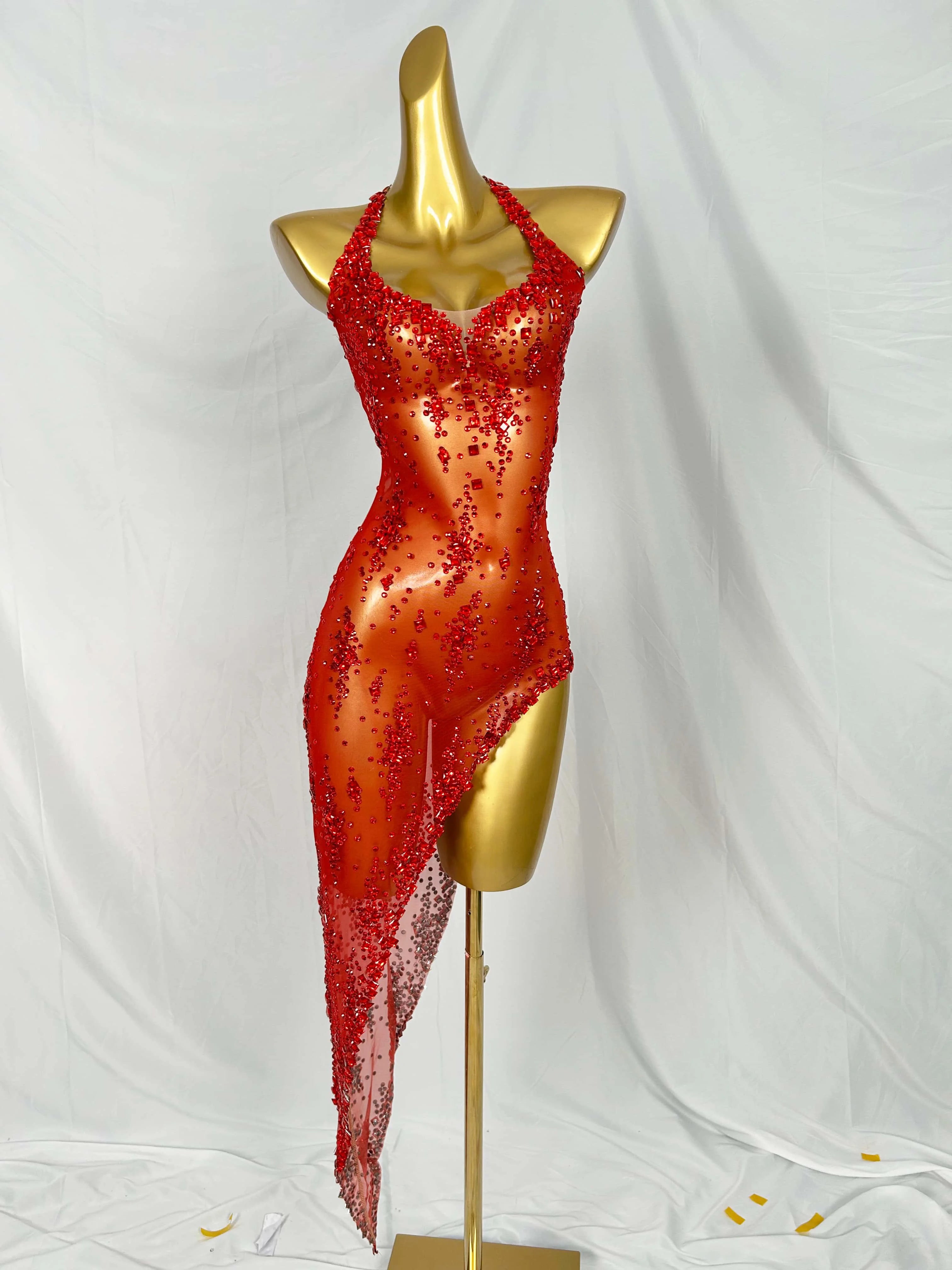 Nightclub Mini Dress Singer Stage Performance Wear Bar Party Asymmetrical Dress Sparkly Rhinestones Sleeveless Mesh Dress Xinghe Red One Size