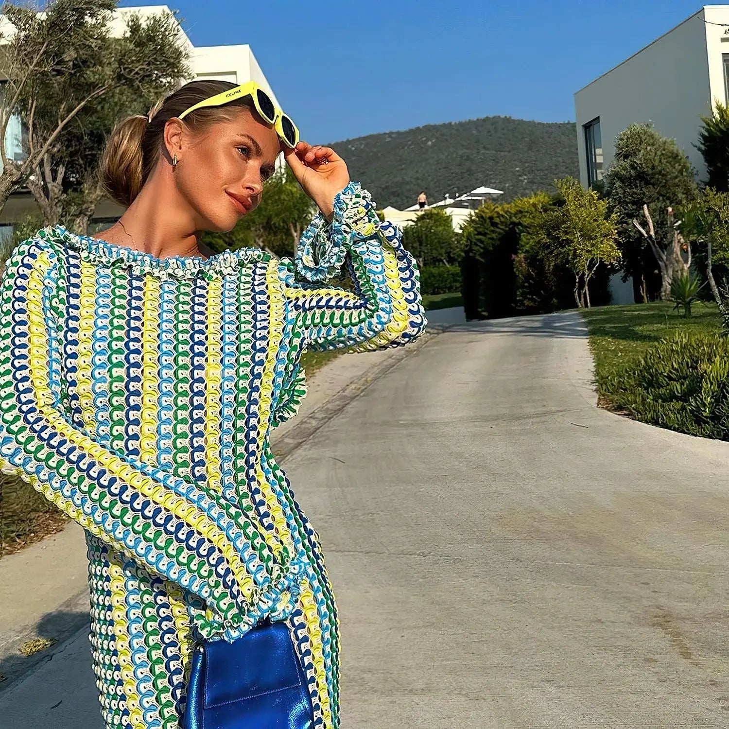 Backless Knitted Beach Dress Women Fashion Hollow Out Slim Boho Dress Summer Elegant Colorful Long Sleeve Bikini Cover Up 2024 Yellow