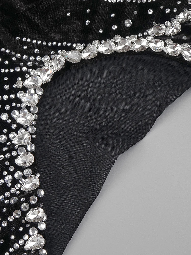 Strapless Crystal Black Maxi Long Gown Sparkling Diamond Hollow Tight Elegant Celebrity Party Evening Dress