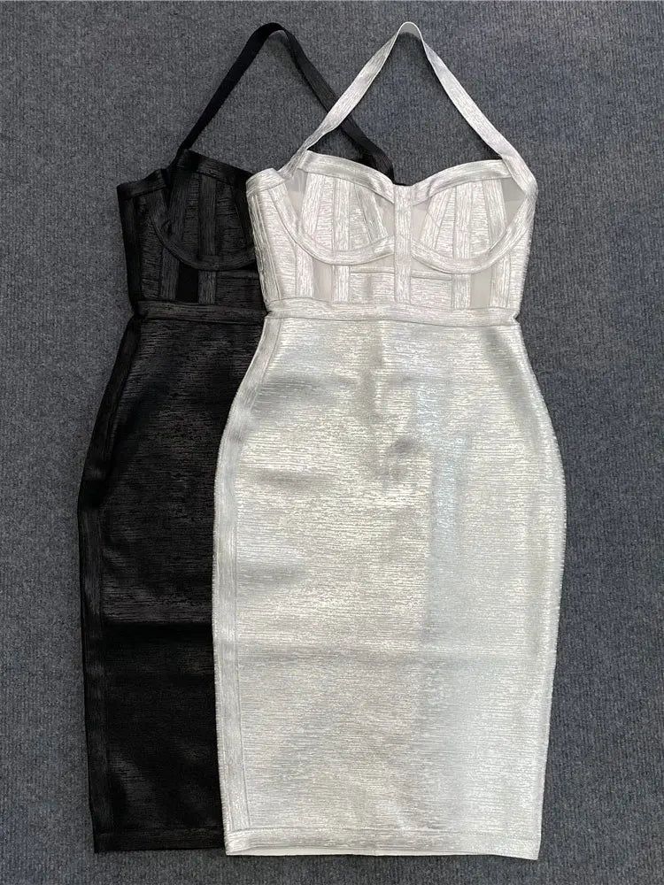 Sexy Summer Coated Bandage Dress Women Neck Hanging Sleeveless Bodycon Backless Mini Dress Celebrity Evening Club Party Vestidos