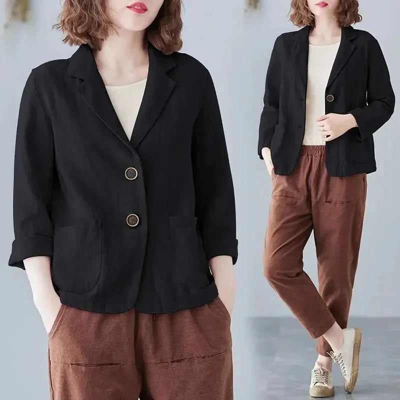 Ladies Cotton Linen Blazer Outerwear Korean Female Short Long Sleeved Suit Coat Spring Autumn Women Loose Fitting Blazer Jacket Black
