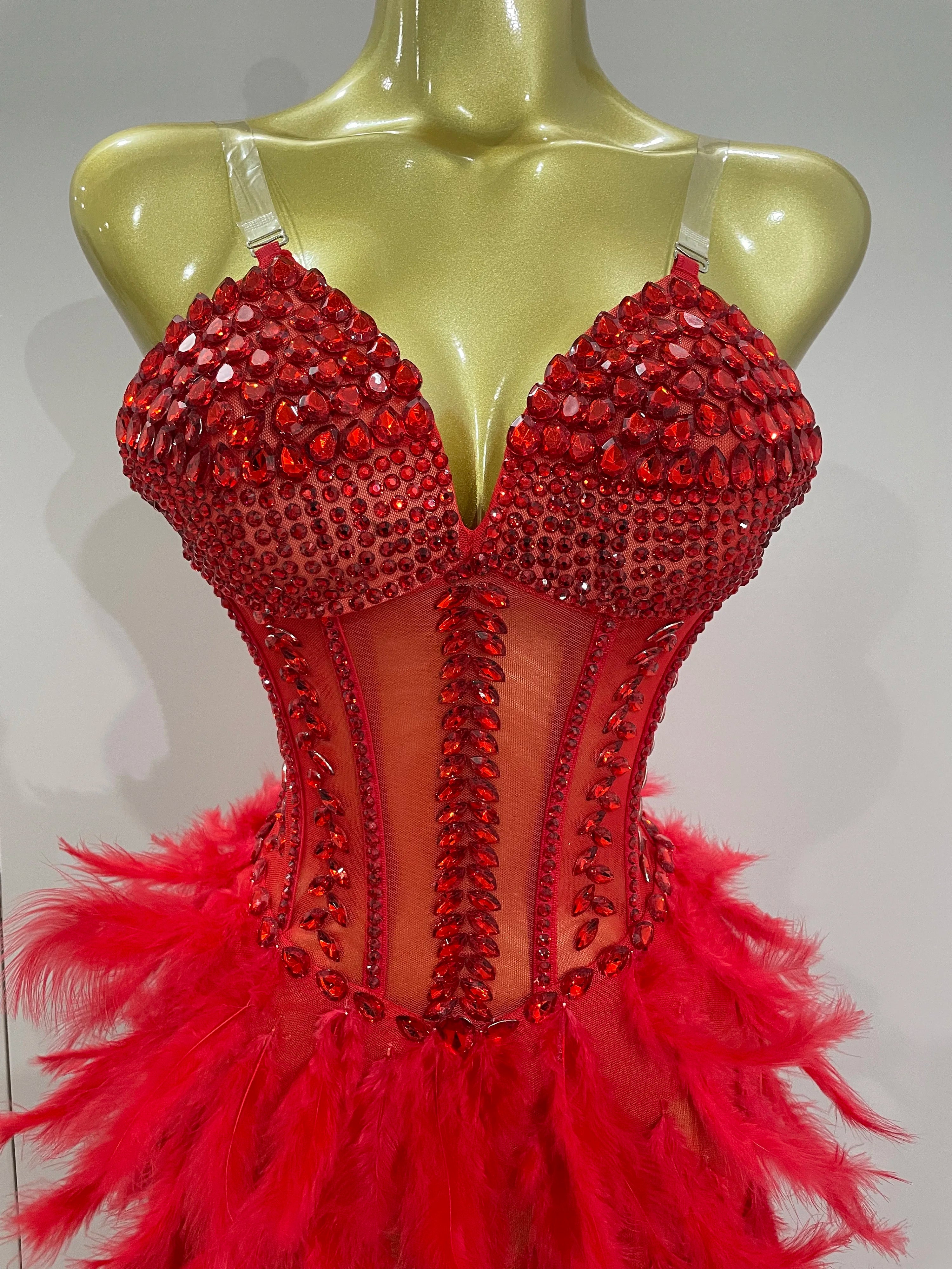 Luxury Sparkly Rhinestones Feathers Long Tail Dress Sexy Mesh Transparent Stage Bodysuit Evening Party Celebrate Birthday Dress