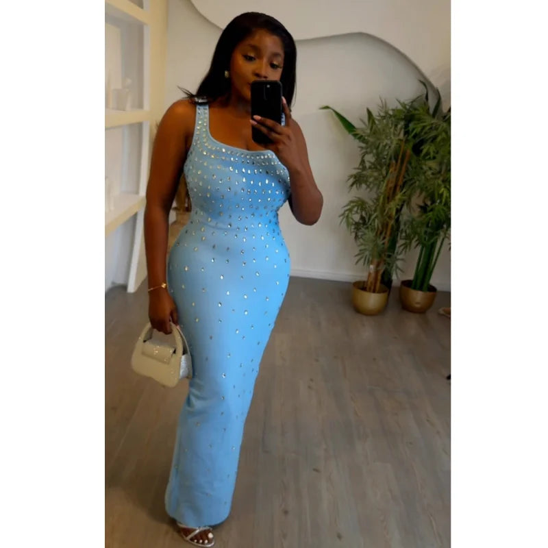 Luxury Diamonds Sexy Square Collar Package Hips Bandage Dress Fashion Woman Evening dress Celebrity Cocktail Party Outfit SKY BLUE