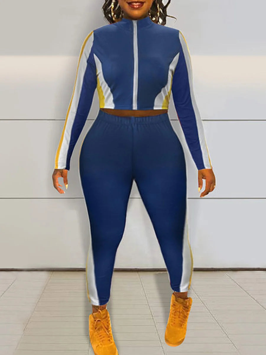LW Plus Size Zipper Design Patchwork Pants Set Women Color Block Mandarin Collar Tracksuits Long Sleeve Two Pieces Outfits Blue
