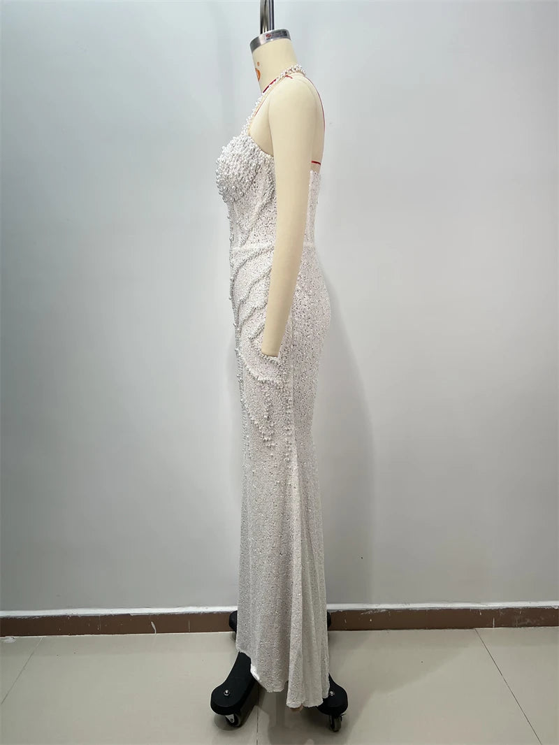 2025 New Pink Sequins Sexy High Slit Strapless Long Dress Graceful Woman Wedding Party Dress Red Carpet Goddess Vestido