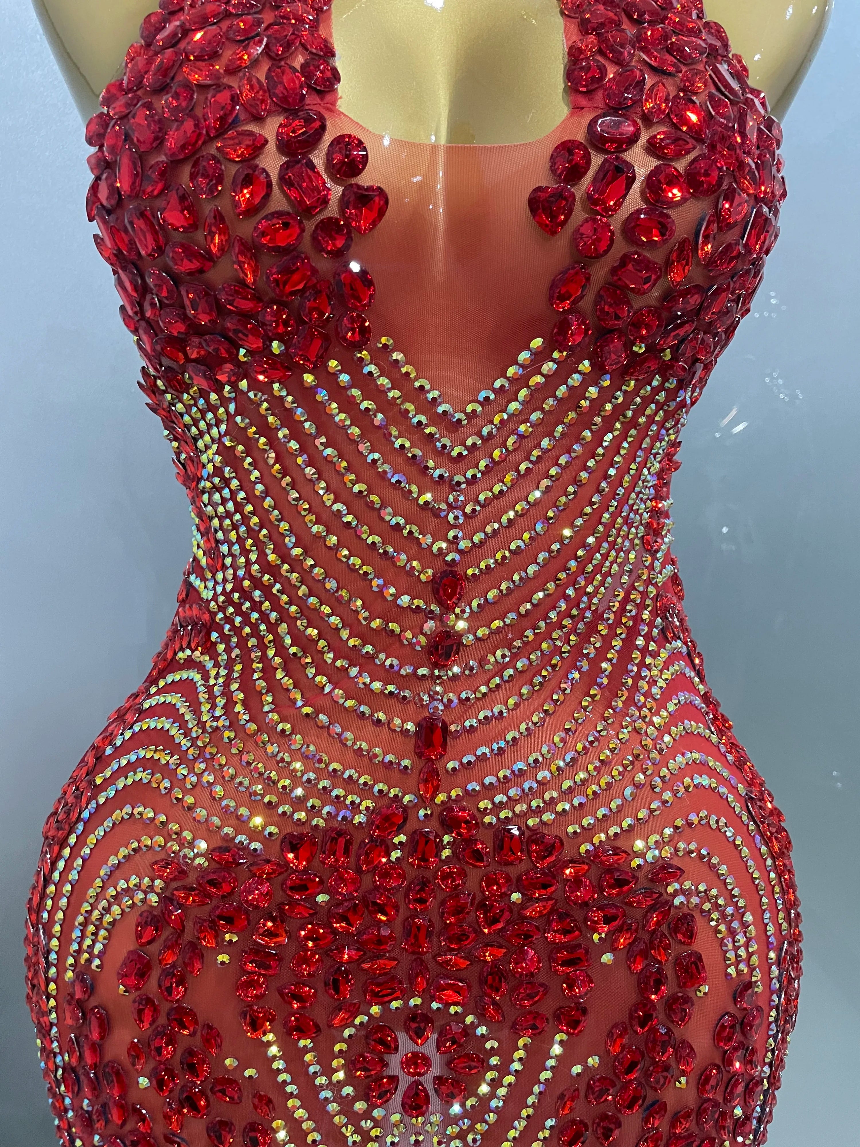 Sexy Red Sparkly Rhinestones Halter Backless Velour Short Dress 2025 New Women Evening Prom Celebrate Birthday Party Stage Wear