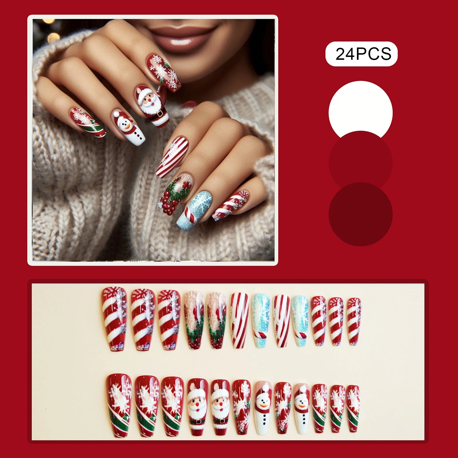 Long Coffin Fake Nails for Christmas Party 24Pcs Red Striped Printed Press On Nails with Santas/Snowman/Snowflake Designs