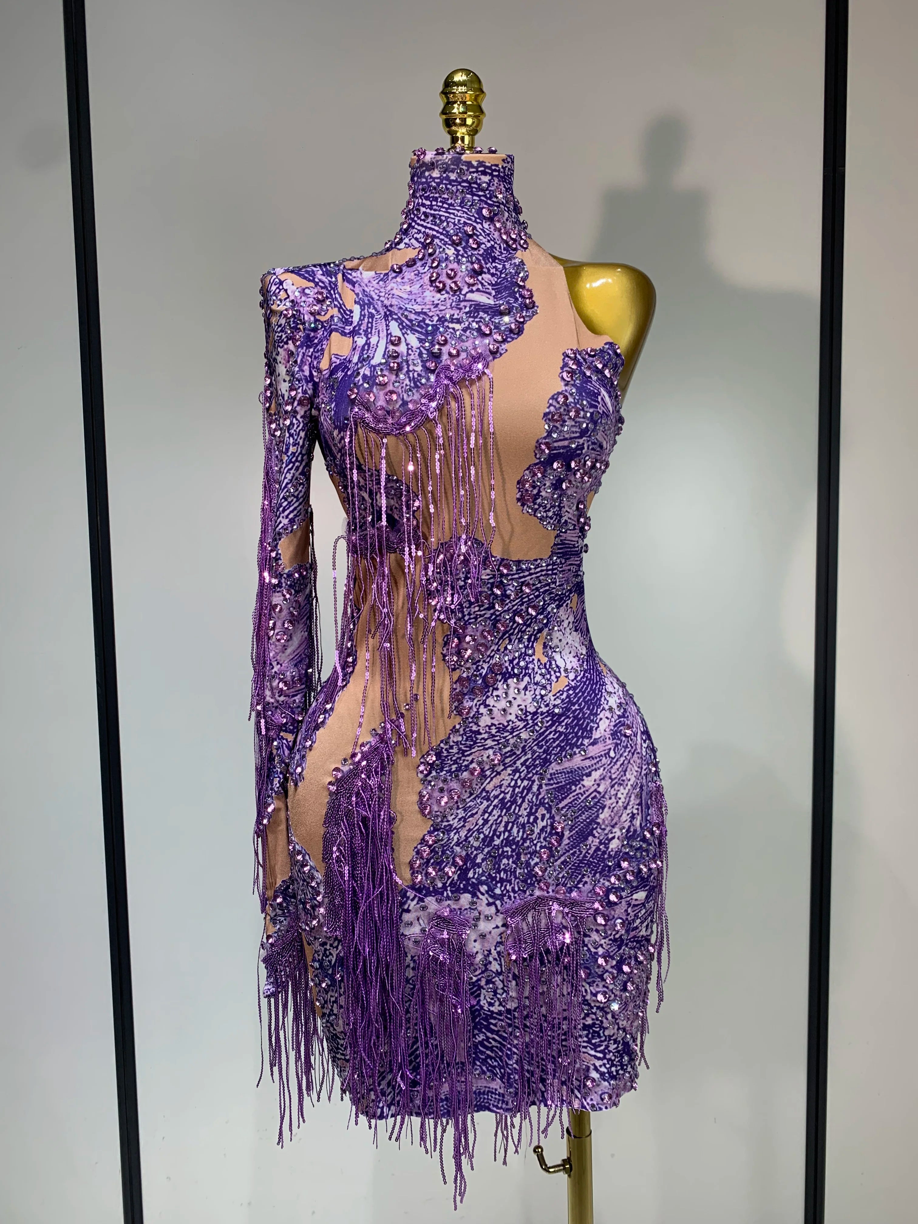 Sexy Sparkly Purple Rhinestones Tassel One Shoulder Sleeve Mini Dress Evening Party Birthday Nightclub Stage Performance Outfit PURPLE