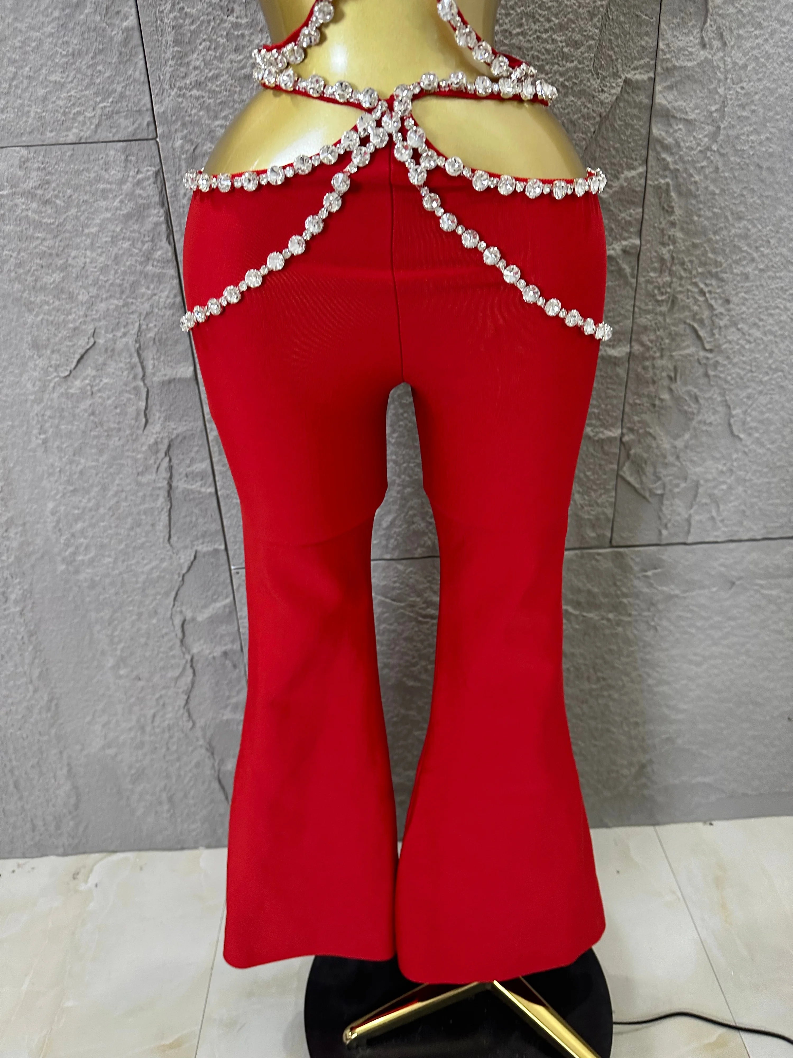 Luxurious Red Two Piece Set Women Sexy Halter Neck Crystal Cutout Crop Top Flare Pants Outfit Stage Performance Costume