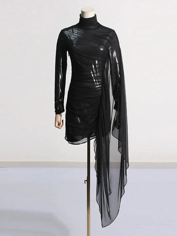 Ailigou New Women's Black Sexy Perspective Mesh Pleated Design Long sleeved Tight Mini Dress Elegant Celebrity Party Dress