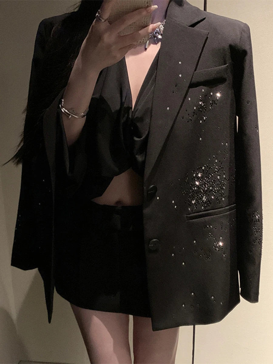 Solid Loose Spliced Bead Fashion Blazers for Women Lapel Long Sleeves Patchwork Single Breasted Blazer Female New