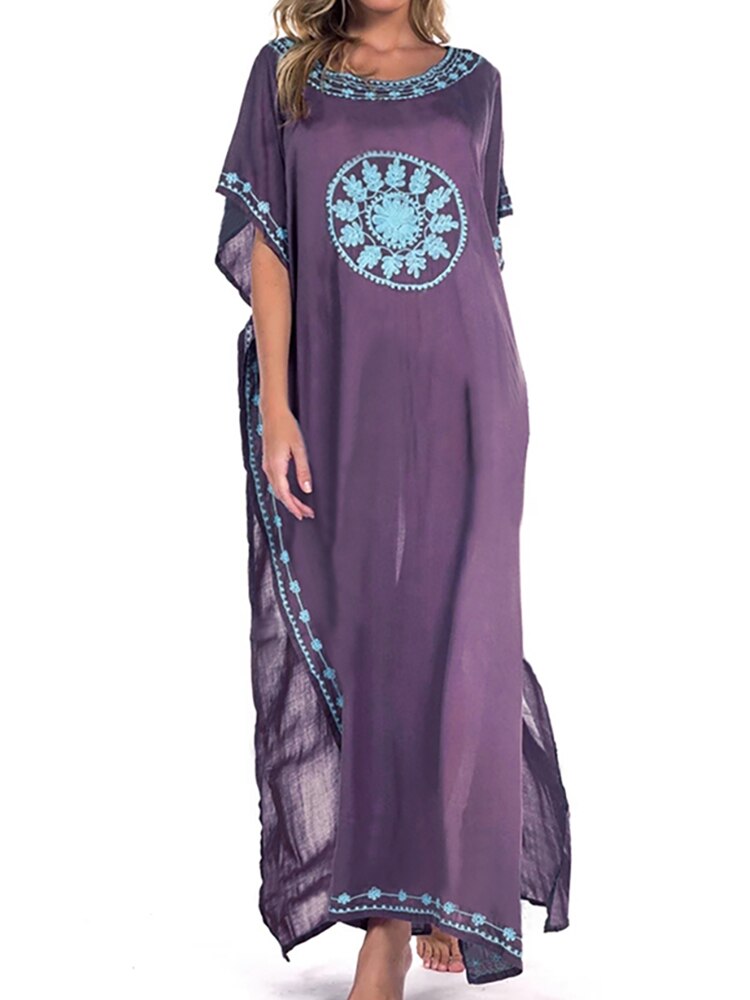 Robe De Plage Embroidery Beach Cover Up Sarong Women Beach Pareo Tunic For Beach Swimwear Purple One Size