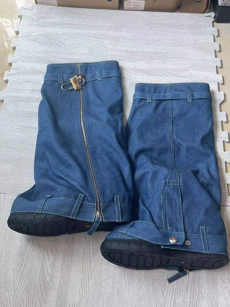 Winter Women's Knee-high Boots Round Toe Platform Wedges Denim Female Shoes Fashion Metal Decoration Boots Woman blue