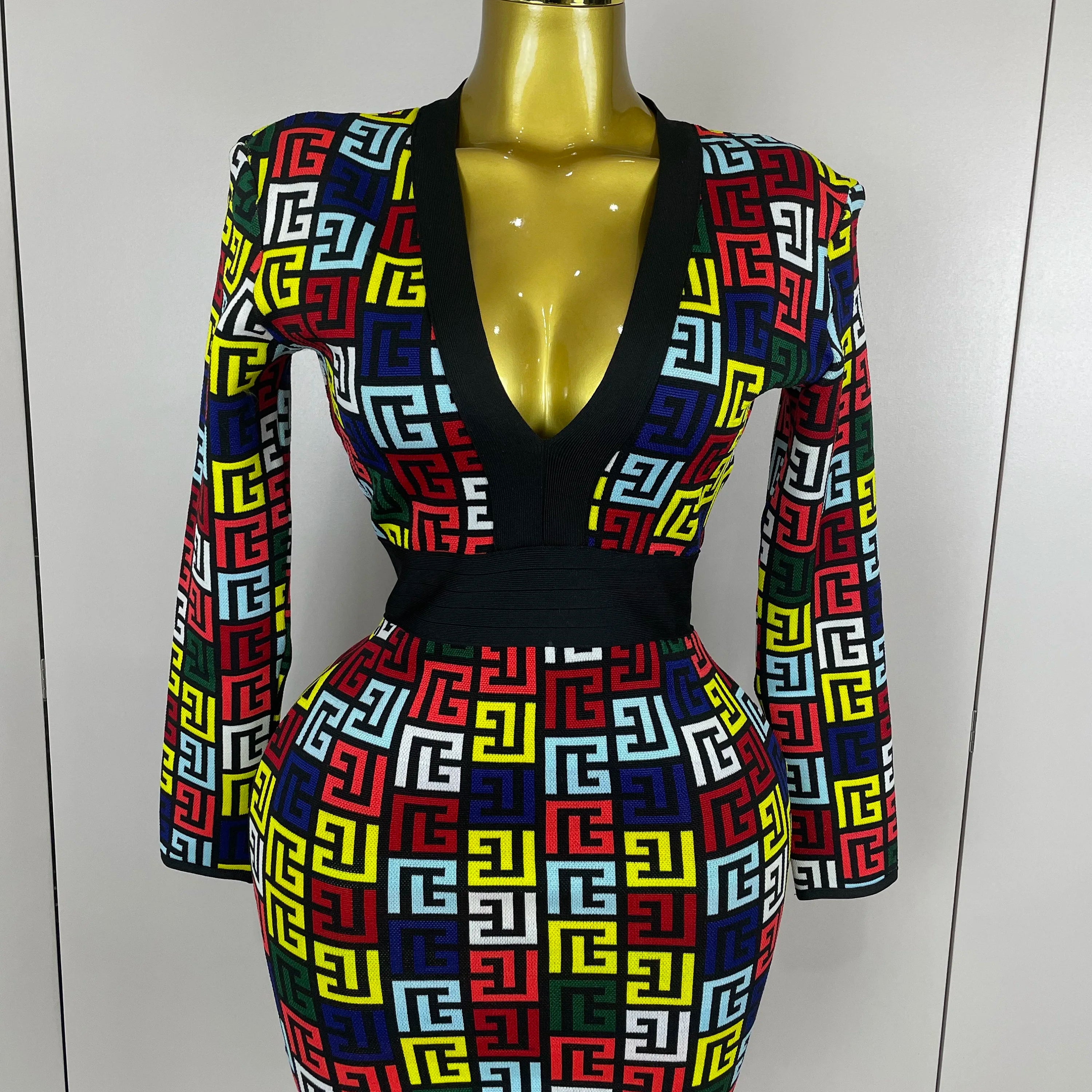 Sexy V-Neck Long Sleeve Bodycon Jacquard Short Bandage Dress 2025 Women Elegant Evening Luxury Birthday Party Cocktail Outfit MULTI