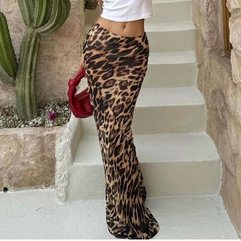 Leopard Printed See Through Skirt For Women Sexy Vintage Lace Spring Chic High Waist Hip Wrapped Slim Skirts Brown 164 | CN