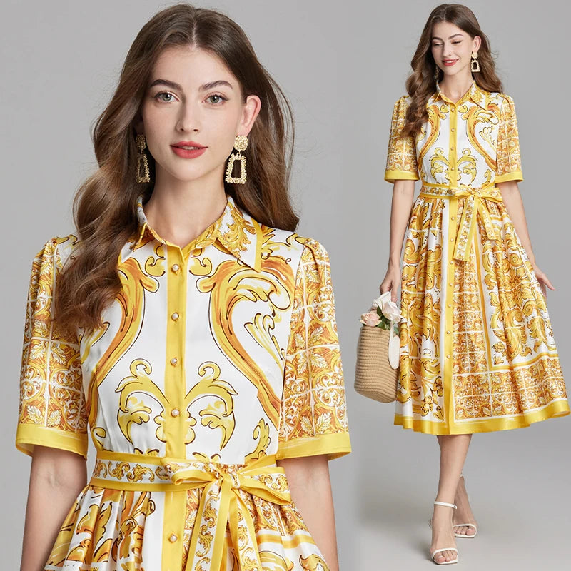 Summer Holiday Yellow Paisley Print Shirt Dresses Women's Turn Down Neck Short Sleeve Belt High Waist Beach Party Vestidos yellow