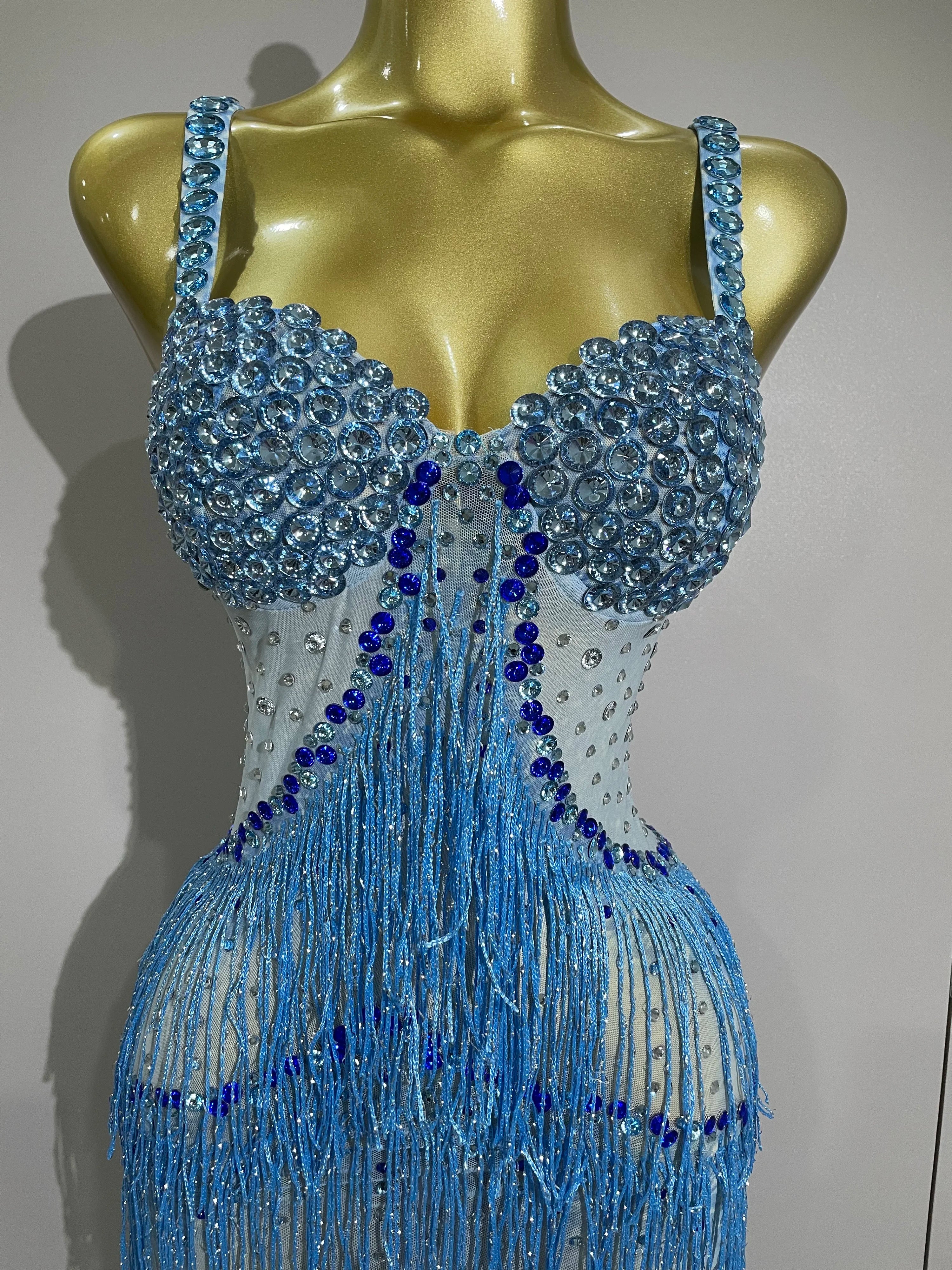 2025 Sparkly Rhinestones Tassel sexy Mesh Slip Long Dress Women Celebrate Evening Prom Birthday paty Dress Photoshoot Stage Wear