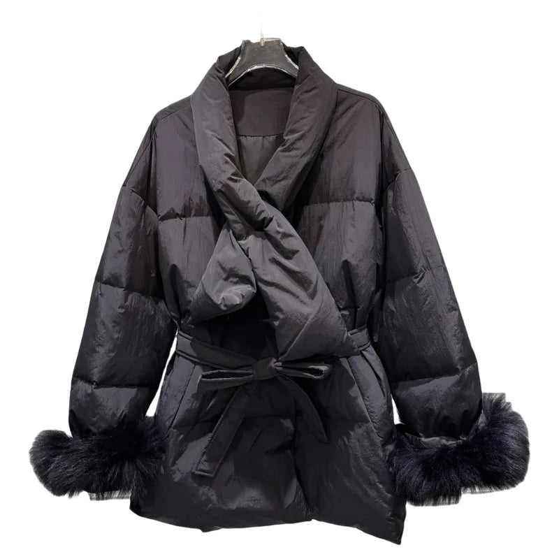 Winter New Elegant Temperament Furry Cuff Scarf Tie Waist Warm Jacket For Women Loose Cotton-padded Coat 11A07600