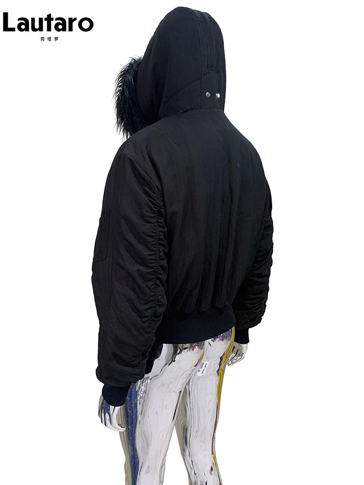 Lautaro Autumn Winter Thickened Warm Short Black Jacket Men with Faux Fur Trim Hood Zip Up Loose Casual Luxury Designer Clothes