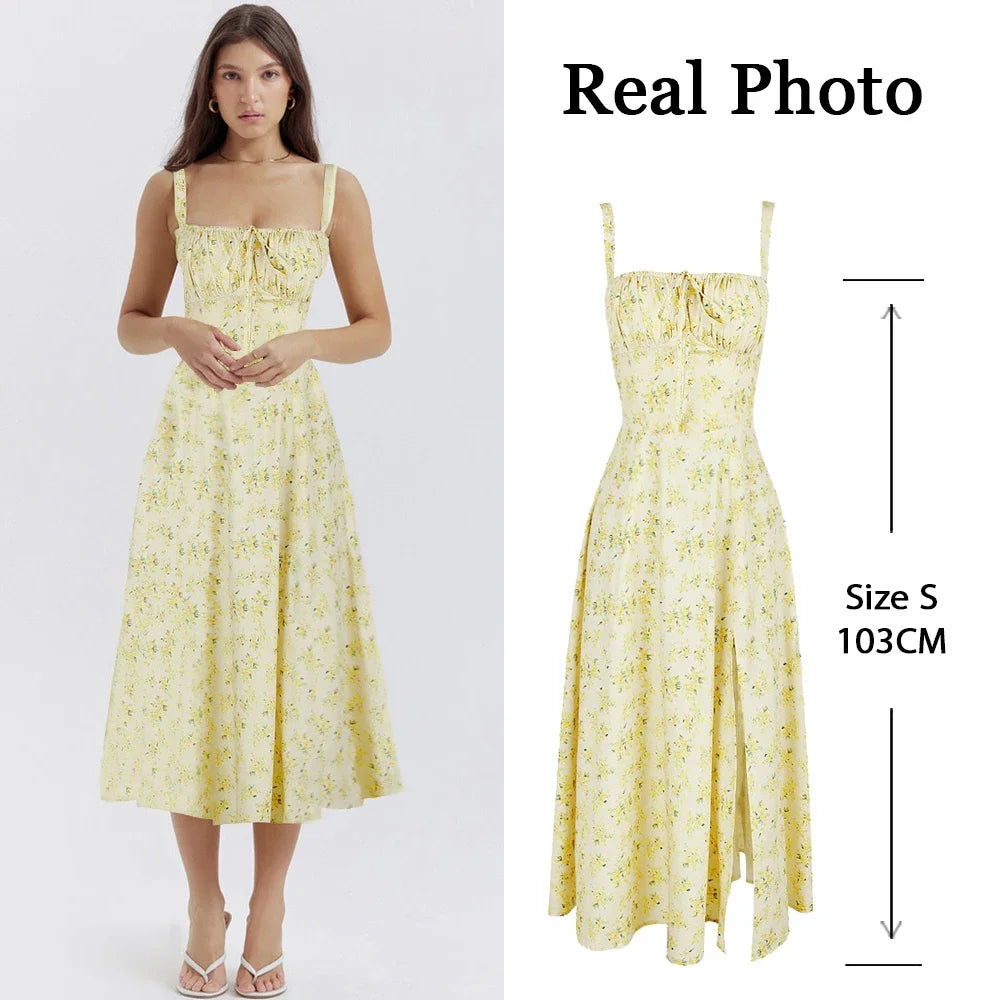 Suninheart Women's Summer Floral Print Dresses Sweet Elegant Midi Holiday Dress Casual Slit Blue Lace Up Dresses 2023 yellow print