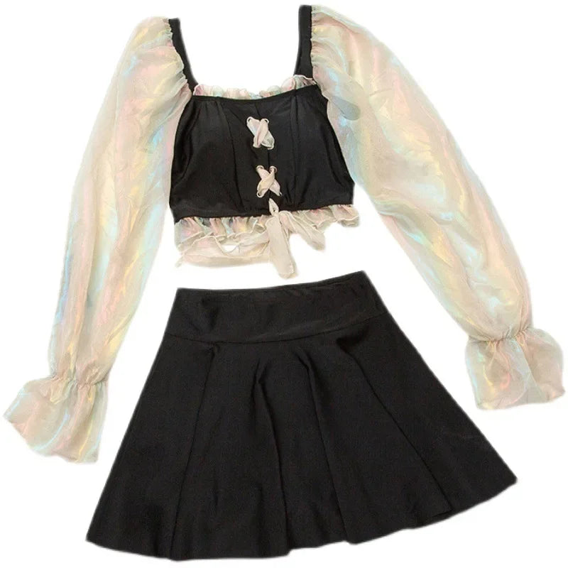 New Korean 2 Pieces Swimsuit Women Short Skirt Net Bikini Band Hollowed Out Bikini Bow High Waisted Bikini Swimwear