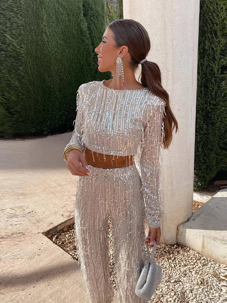 Tassel Sequin Women 2 Piece Set Autumn Silver Bright Silk O-neck Crop Tops Wide Leg Pants Female Suit Fashion Street Lady Sets
