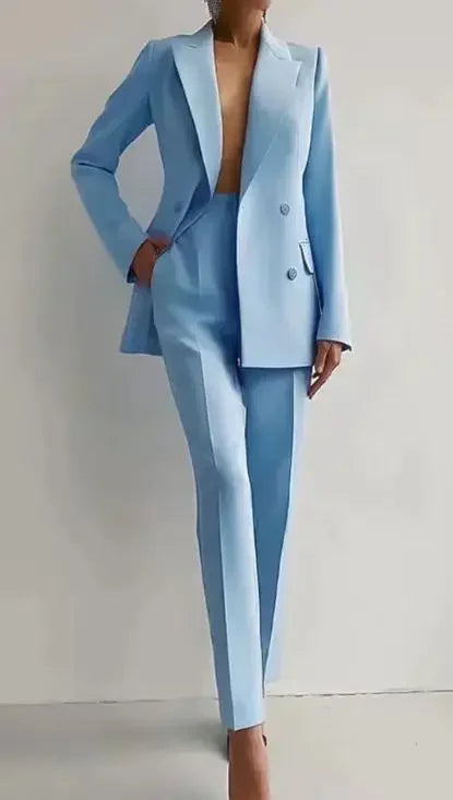 Elegant Blazer Suit and Wide Leg Pants Two 2 Piece Sets Outfits Women 2024 Classic OL Work Street Outfit Tracksuit SKY BLUE