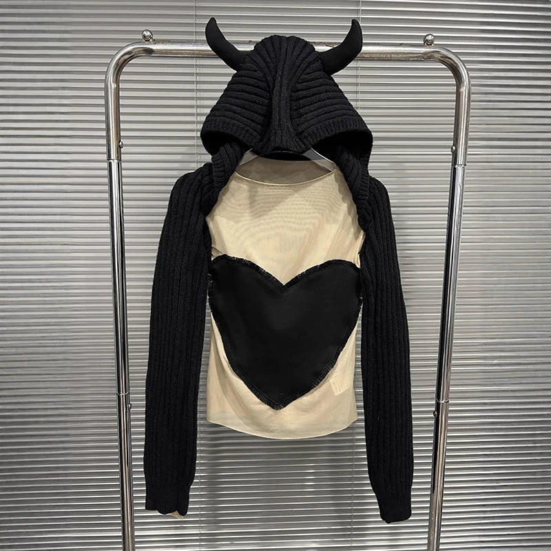 Autumn Winter New Fashion Heart Pattern Casual O-neck T-shirt For Women Black Knitted Hooded Pullover Female 11A07566