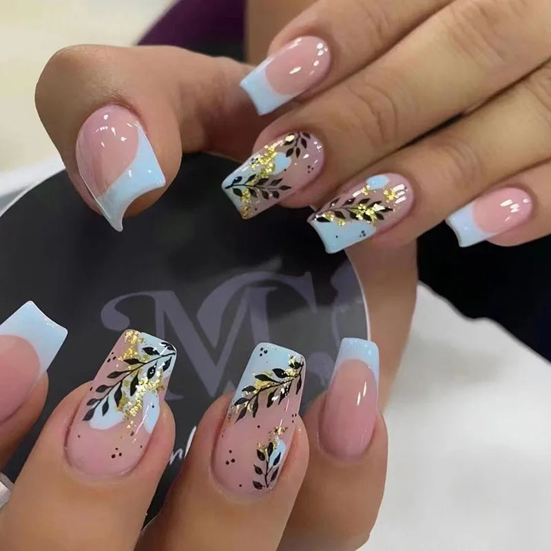 24Pcs Fashion Fake Nails Tips Marbling Design Short Square Head Press on False Nails Retro Brown Wearable Nails Set Manicure 605