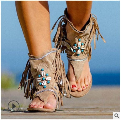 Retro Women Fringe Flower Wedges Shoes Solid Flock Beach Casual Sandals Women Summer Flip Flop Sandals Khaki