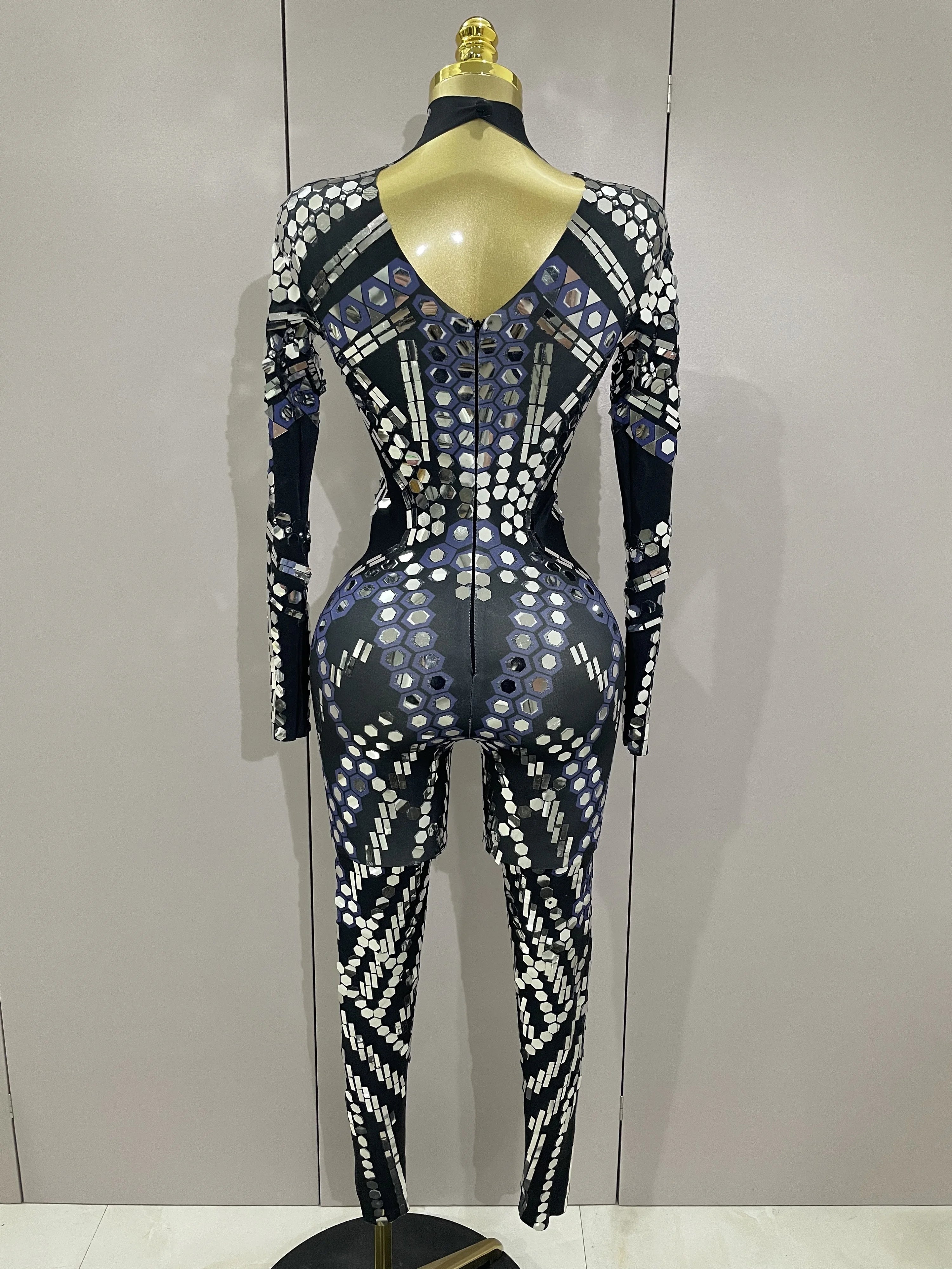 Sexy Shiny Silver Sequins Mirror Black Spandex Jumpsuit 2025 Women Prom Dancer Singer Costume Evening Birthday Show Stage Outfit