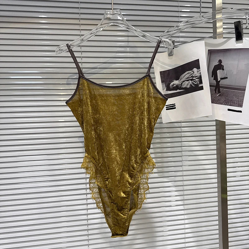 Winter New Fashion Lace Patchwork Slim Fit Backless One-Piece Camisole For Women Versatile Tops Female 11A07465 Yellow