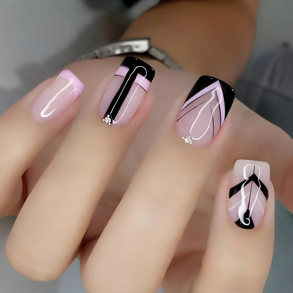 24pcs/set short Medium fake nails square ballet almond nail tips pink beautiful heart for Valentine's Day press on false nails 1051