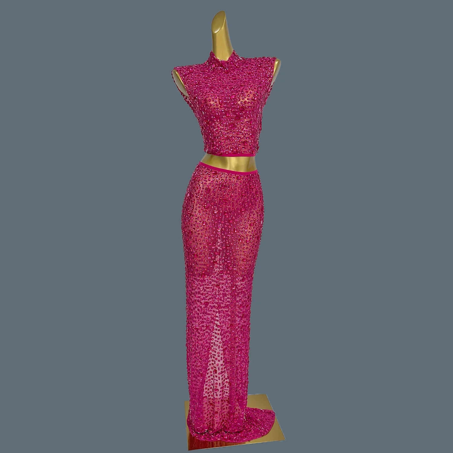 Lady Sexy Two Piece Set See Through Slit Crystal Rhinestone Mesh Dress for Club Party Wear Red Carpet Stage Show Costume Gesebei Rose Red