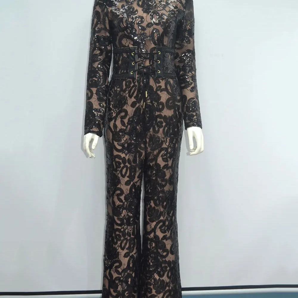 2025 Women'S Light Luxury Sequin Patchwork Bandage Jumpsuit O-Neck Long Sleeved Waistband Flared Jumpsuit Pants Party Jumpsuit black