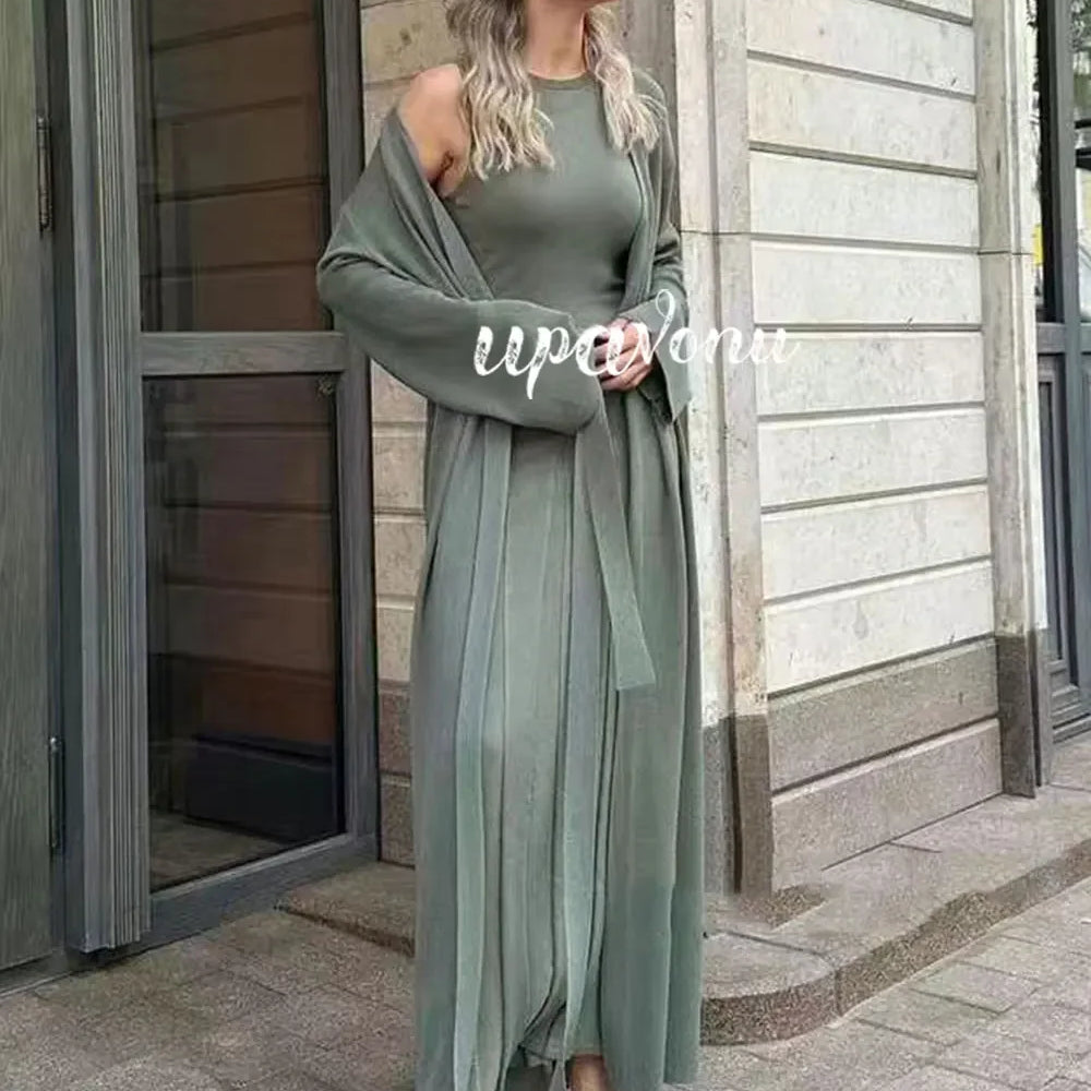 2024 Elegant Women'S Knitted Sweater Dresses Sets With Cardigan Long Jacket+Bodycon Pleated Long Knitted Dress Two-Piece Set army green